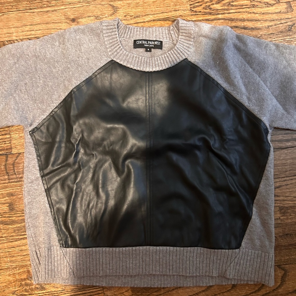 Central Park West Gray and Black Crewneck Sweater with Leather Panel - Picture 2 of 3
